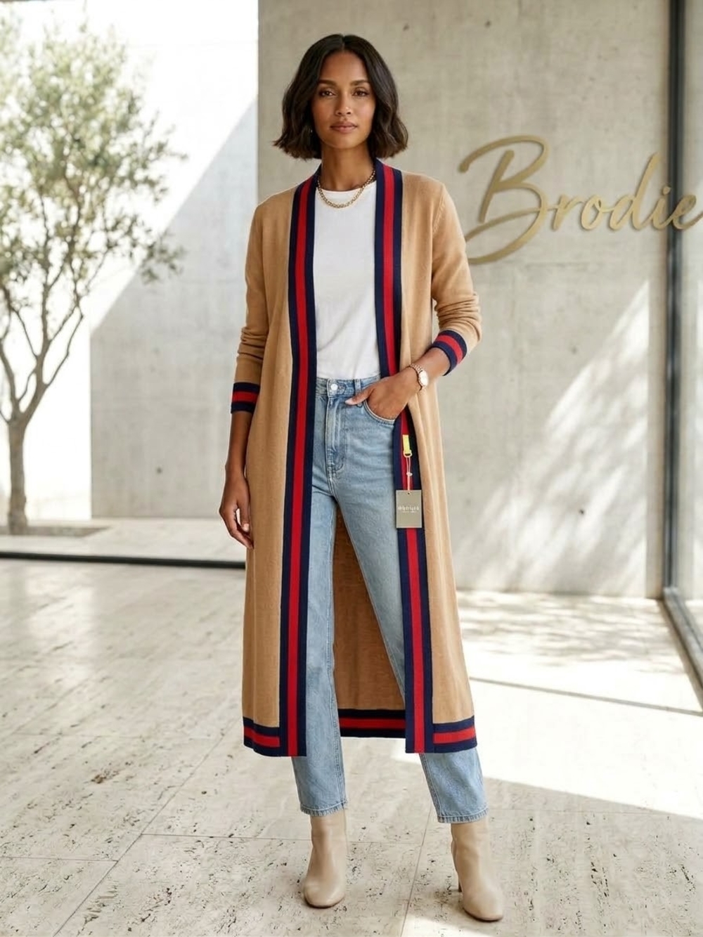 Brodie Cashmere Camel Longline Cardigan with Navy & Red Trim